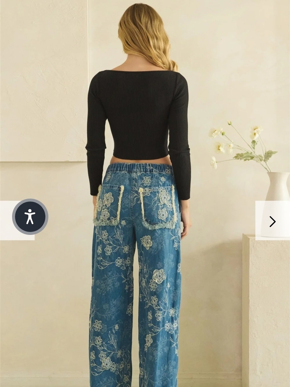 Oli & Hali Blue Floral Embroidered Wide-Leg Jeans with Drawstring - Picture 3 of 3